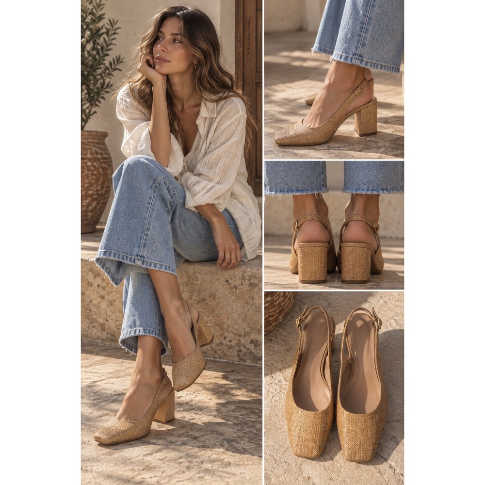 Sam Edelman Jildie Slingback Pumps Raffia Woven Square Toe Block Heel Tan